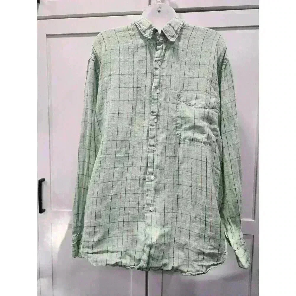 Alan Flusser Shirt Mens Large Green Pastel Colors Button Up Cotton Preppy